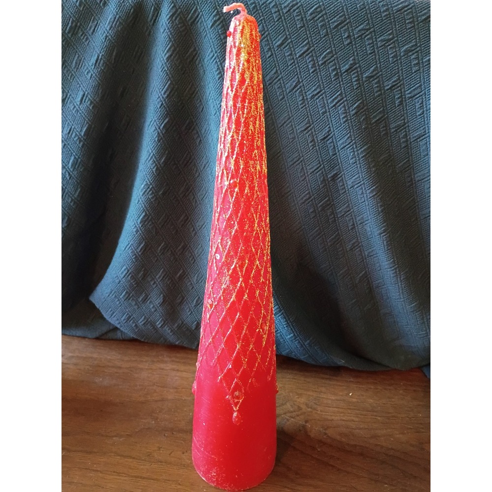 Vintage Red Tapered Cone Pillar Candle Gold Glitter Diamond Lattice 12 Inch